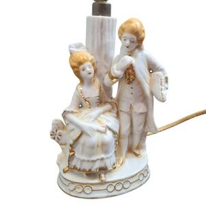 Vintage Porcelain Couple Figurine Lamp Base Hand Painted Gold Trim Made in Japan